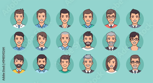 Large collection of diverse male and female character avatars representing different ages, styles, and professions in a clean circular design.