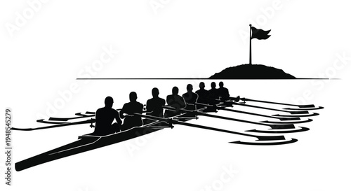 Team of rowers in silhouette rowing boat on water with flag on distant hill, teamwork and sports concept