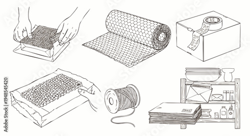 Illustrations of packing and shipping process, including bubble wrap, tape, boxes, and mailroom organization