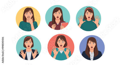 Collection of various female characters in circular frames showing extreme reactions of surprise, shock, and amazement with different hand gestures.