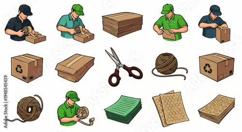 Vector set of packaging and shipping essentials. Illustrations include people packing boxes, various cardboard cartons, eco-friendly packing materials, and tools.