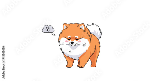 Fluffy orange and white Pomeranian dog looking quite grumpy, tired, or sleepy with its eyes half-closed and a sigh bubble above.