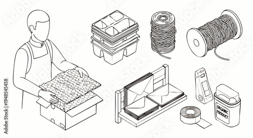 Packaging and shipping supplies illustration: person packing box, seed trays, twine, envelopes, tape, fragile labels. E-commerce, mail, delivery.