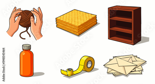 Assortment of everyday objects vector illustration: hands holding yarn, stack of waffles, wooden shelf, orange bottle, tape dispenser, and envelopes.