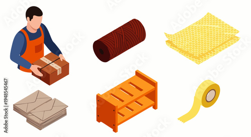 Isometric illustration of delivery man, package, bubble wrap, tape, envelopes, and wooden crate. Essential packaging supplies for logistics.