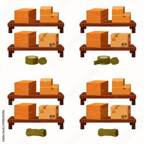 Set of illustrations showing organized storage shelves with cardboard boxes, packing tape, and rope, ideal for logistics, inventory, and shipping concepts.