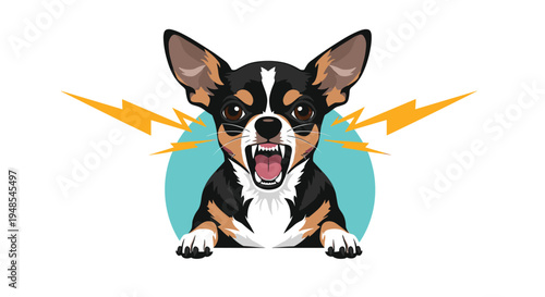 Aggressive Chihuahua dog snarling with its teeth bared and sharp lightning symbols in the background to indicate anger and a loud bark.