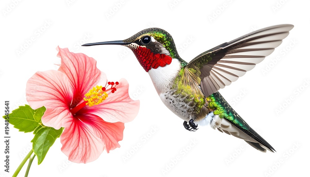 Fototapeta premium A hummingbird hovers beside a pink hibiscus flower, its wings spread and plumage detailed against a stark white