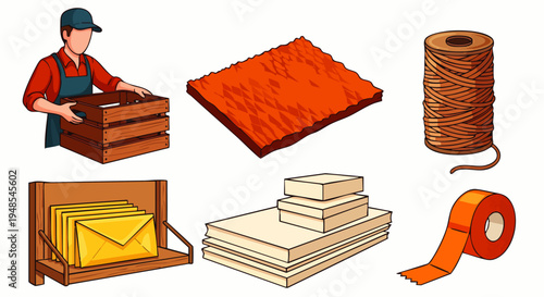 Delivery person with crate, envelopes, rope, tape, and stacked boxes, representing shipping and logistics