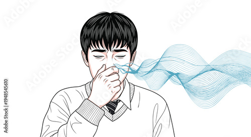 Young man in a school uniform rubbing his nose with blue wavy lines illustrating a sneeze or runny nose on a white background.