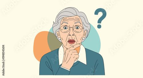 Confused senior woman with gray hair and glasses looking up with a questioning expression and a blue question mark icon.