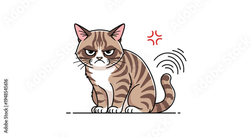 Angry brown tabby cat sitting with a grumpy face and a wagging tail graphic to illustrate its irritation and bad attitude.