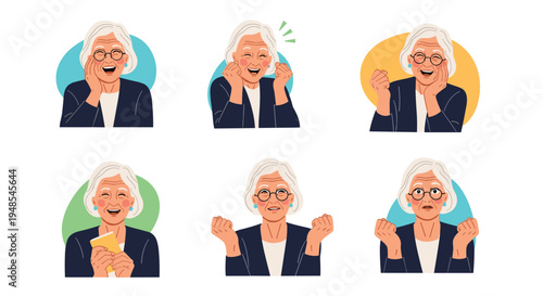 Collection of six portraits showing a senior woman with white hair expressing diverse emotions from extreme joy to surprise.