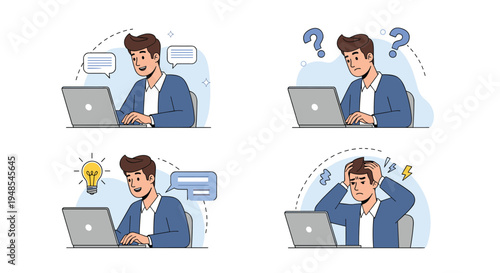 Businessman working on a laptop computer shown in four different states including excitement, confusion, and total stress.