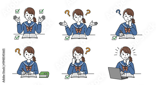 Six panel set of a schoolgirl at her desk showing various reactions while studying like successful answers or confusion.