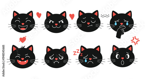 Grid of eight black cat face icons with pink ears showing various emoticon expressions like joy, sadness, anger, and sleep.