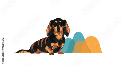 Long haired dachshund dog sitting calmly in profile with simple abstract colorful hill shapes in the background of the image.