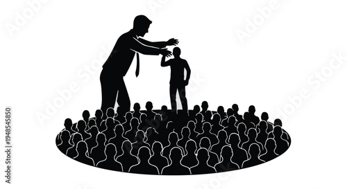 Businessman selecting employee from crowd for leadership role or job opportunity in corporate setting with audience