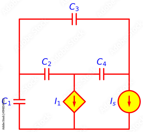 Editable Capacitor Bridge Network Circuit with Independent and Dependent Current Sources, Electrical Engineering Schematic for Capacitance Analysis and Electronics Education
