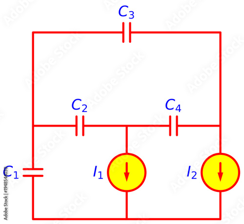 Editable Capacitor Bridge Network Circuit with Dual Current Sources and Multiple Capacitors, Electrical Engineering Schematic for Capacitance Analysis and Electronics Education