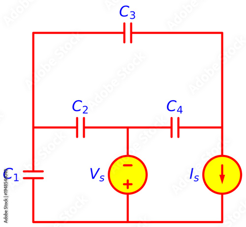 Editable Capacitor Bridge Network Circuit with Voltage and Current Sources, Electrical Engineering Schematic Diagram for Capacitance Analysis and Electronics Education