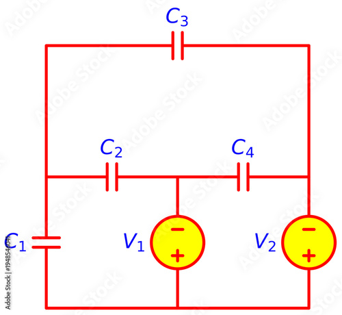 Editable Capacitor Bridge Network Circuit with Multiple Capacitors and Dual Voltage Sources, Electrical Engineering Schematic for Capacitance Analysis and Electronics Education