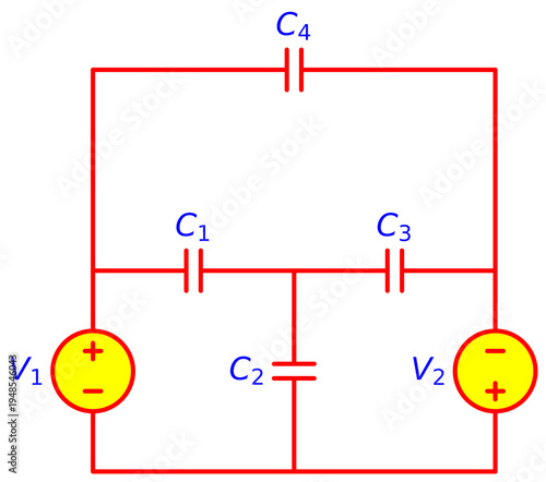 Editable Capacitor Bridge Network Circuit with Dual Voltage Sources, Electrical Engineering Schematic Diagram for Capacitance Analysis and Electronics Education