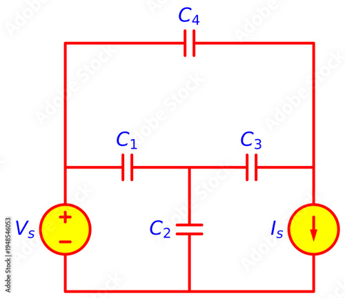 Editable Capacitor Network Circuit with Voltage Source and Current Source, Electrical Engineering Schematic Diagram for Capacitance Analysis and Electronics Education