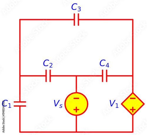 Editable Capacitor Network Circuit with Independent and Dependent Voltage Sources, Electrical Engineering Schematic Diagram for Capacitance Analysis and Electronics Education