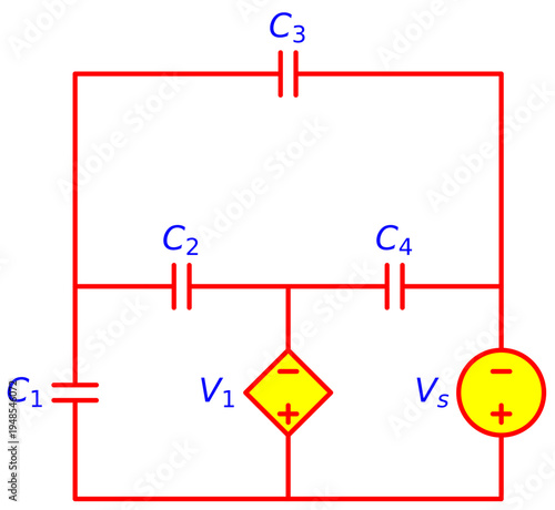 Editable Capacitor Bridge Network Circuit with Independent and Dependent Voltage Sources, Electrical Engineering Schematic for Capacitance Analysis and Electronics Education