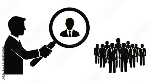 Businessman searching for employee candidate with magnifying glass among group of people, recruitment concept, human resources, talent acquisition, hiring process