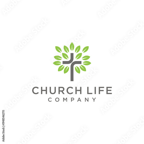 Church Cross Cristian and Leves Nature Flower logo design
