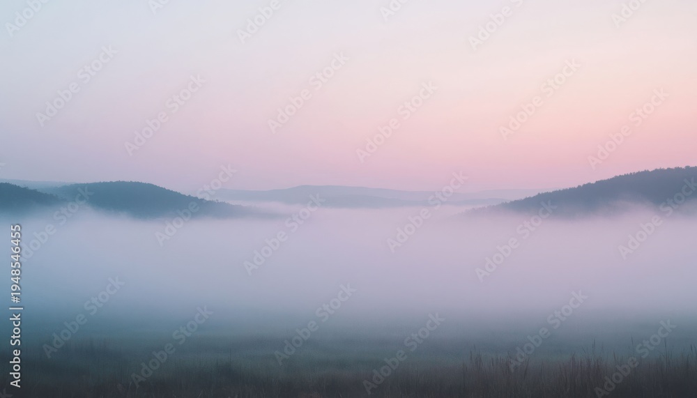 Obraz premium Misty mountain landscape at sunrise with soft fog and serene atmosphere in pastel colors