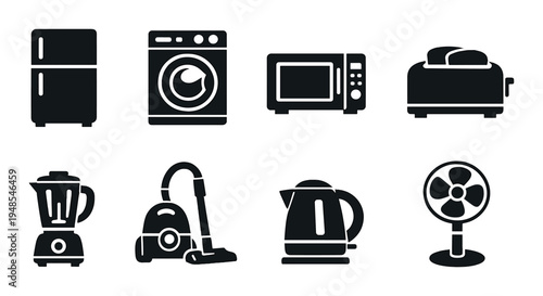 Household appliance icons arranged in two rows on dark background