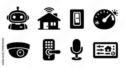 Smart home and device icons silhouetted on gray background