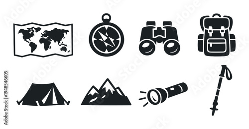 Camping and outdoor gear icons arranged on dark background