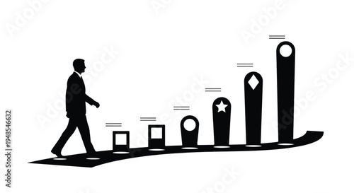 Businessman walking up growth graph chart with increasing bars and symbols, representing success and progress in corporate career and professional development
