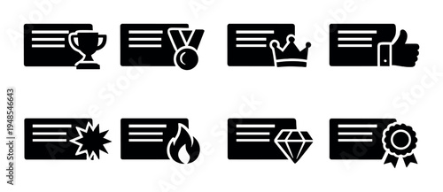 Collection of black reward cards with icons on dark background