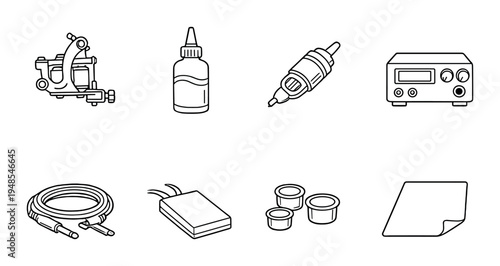 Tattoo machine and related equipment icons on gray background