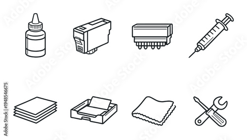 Printer maintenance icons arranged in two rows on dark background
