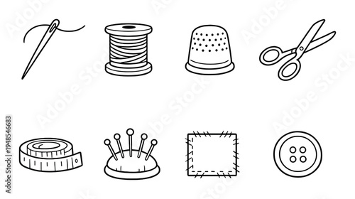 Sewing tools and accessories arranged in two rows on dark background