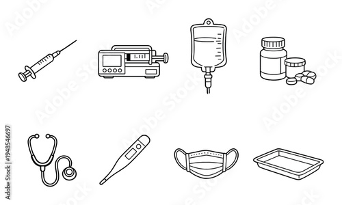 Medical supplies and devices arranged on dark background
