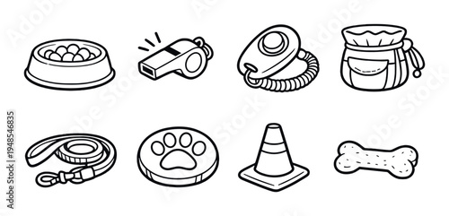 Dog training and care icons arranged on gray background