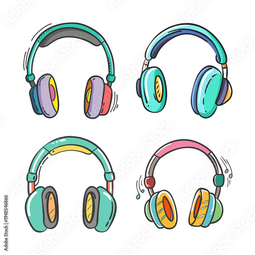Four colorful hand-drawn headphones for silent disco or music listening fun