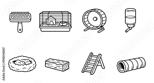 Small pet habitat accessories arranged on gray background