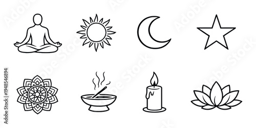 Meditation icons arranged in grid on dark textured background