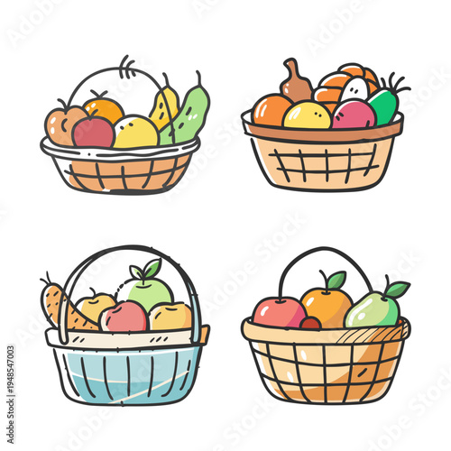 Hand-drawn fruit basket collection, colorful doodle fruit and vegetable hampers, set of 4 organic produce baskets in SVG format