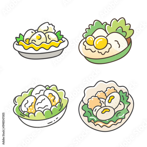 Gourmet seafood appetizers with scallops and eggs, fresh shellfish delicacies in shells, set of 4 hand-drawn food icons, vector SVG illustrations