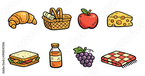 Picnic food items and blanket arranged on green background