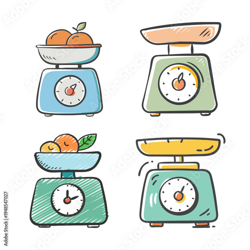 Doodle-style kitchen scales with fruits, isolated on white background.